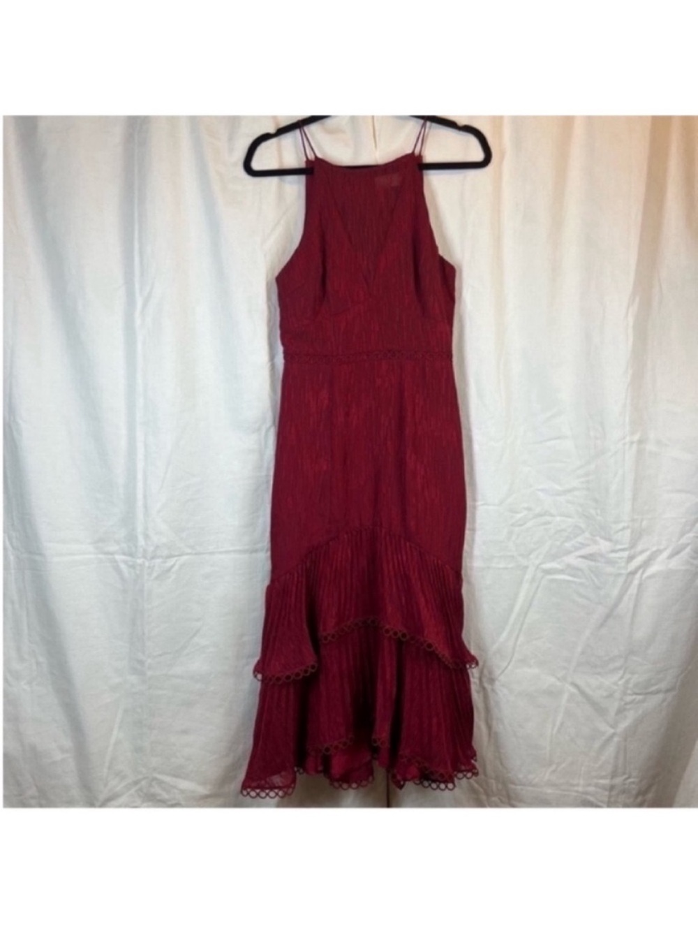 keepsake tiered pleated textured maroon midi dress high neck line